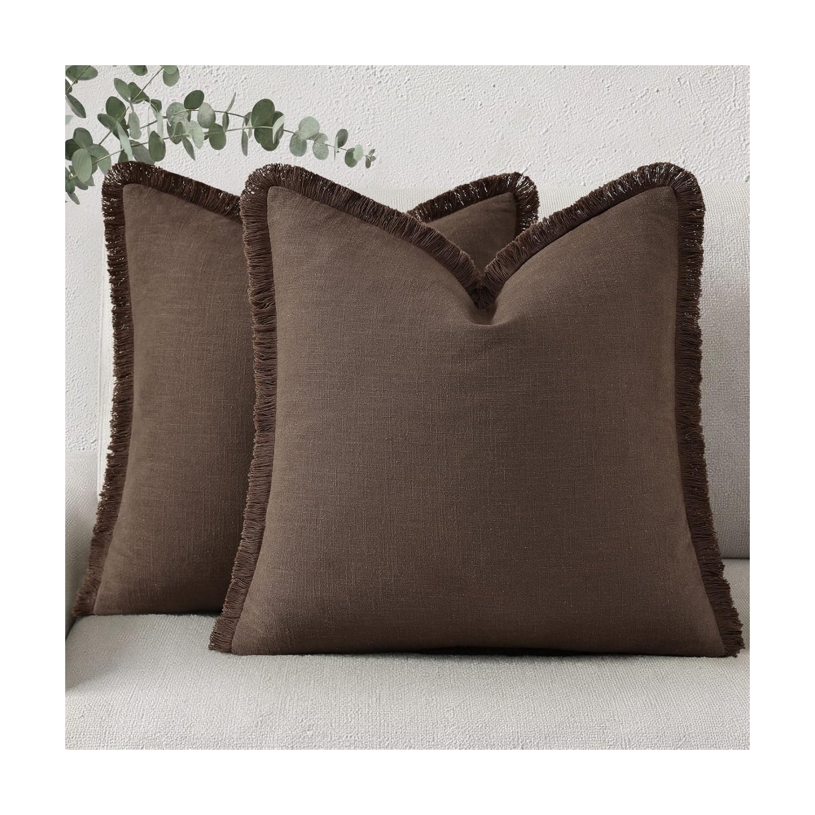 Summer Decorative Neutral Linen Fringe Throw Pillow Covers Pillow / Chocolate / 18 x 18 / Set of 2