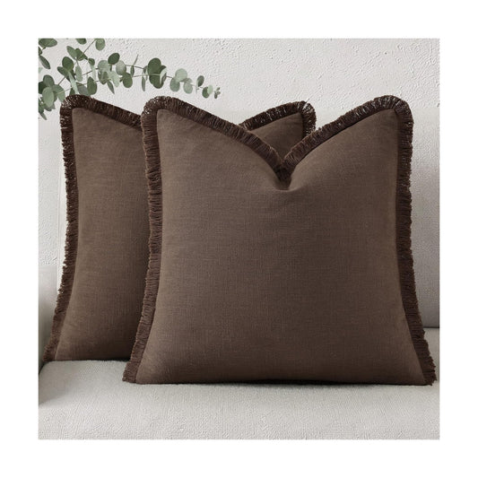 Summer Decorative Neutral Linen Fringe Throw Pillow Covers Pillow / Chocolate / 18 x 18 / Set of 2