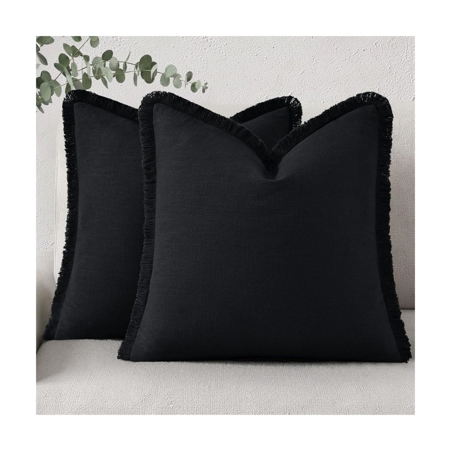 Summer Decorative Neutral Linen Fringe Throw Pillow Covers Pillow / Black / 18 x 18 / Set of 2
