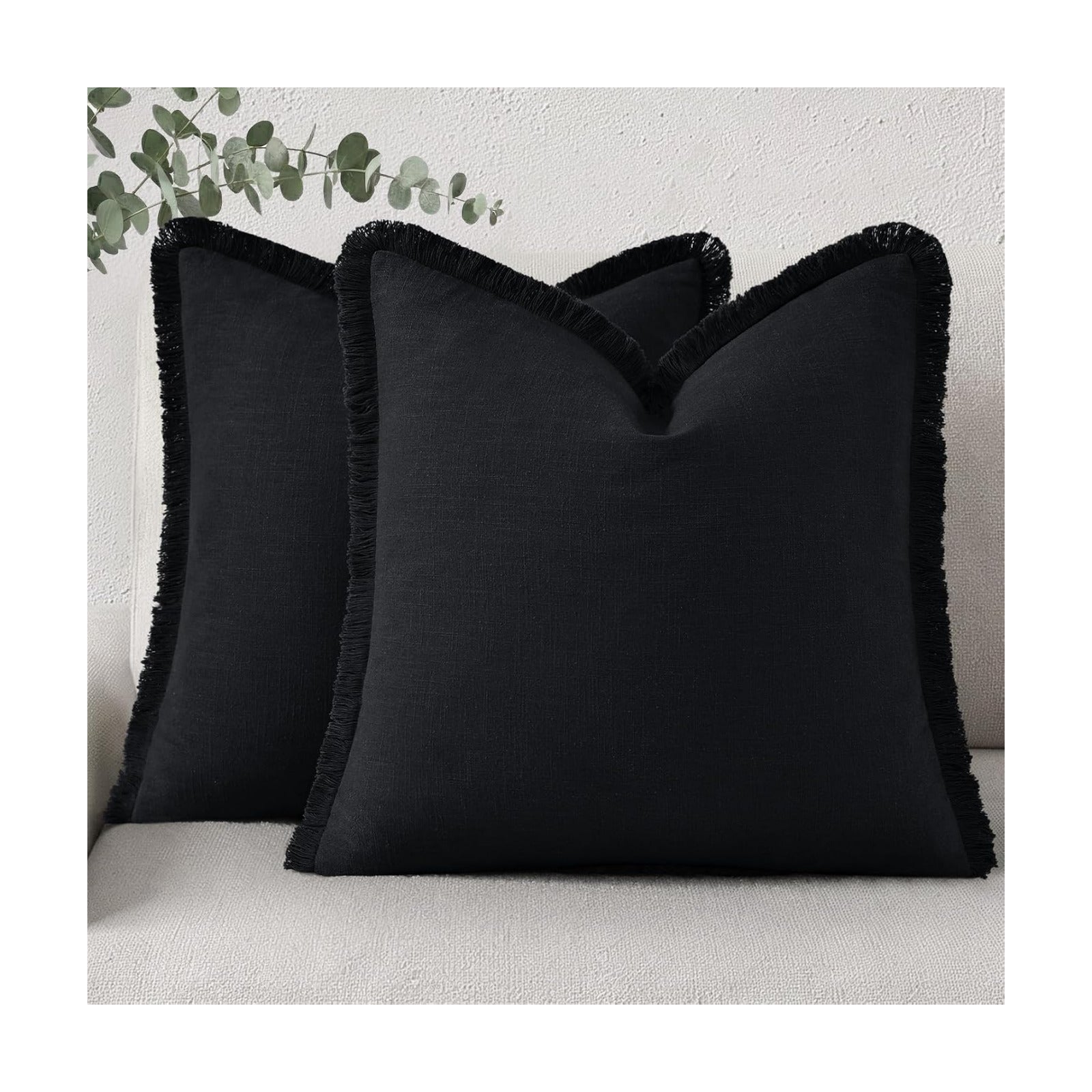 Summer Decorative Neutral Linen Fringe Throw Pillow Covers Pillow / Black / 18 x 18 / Set of 2