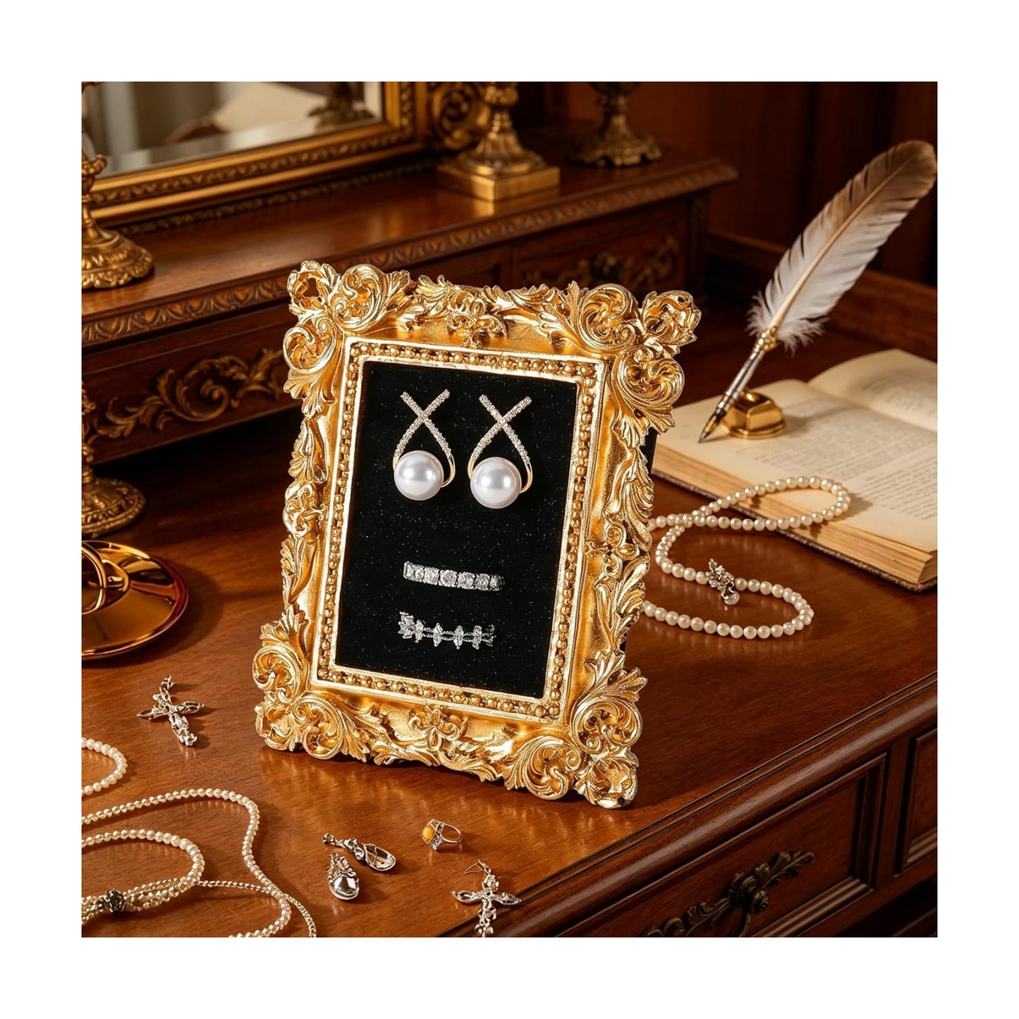 Vintage Ring Holder Rectangle Gold Velvet Display Stand / Mpf05-gold Black