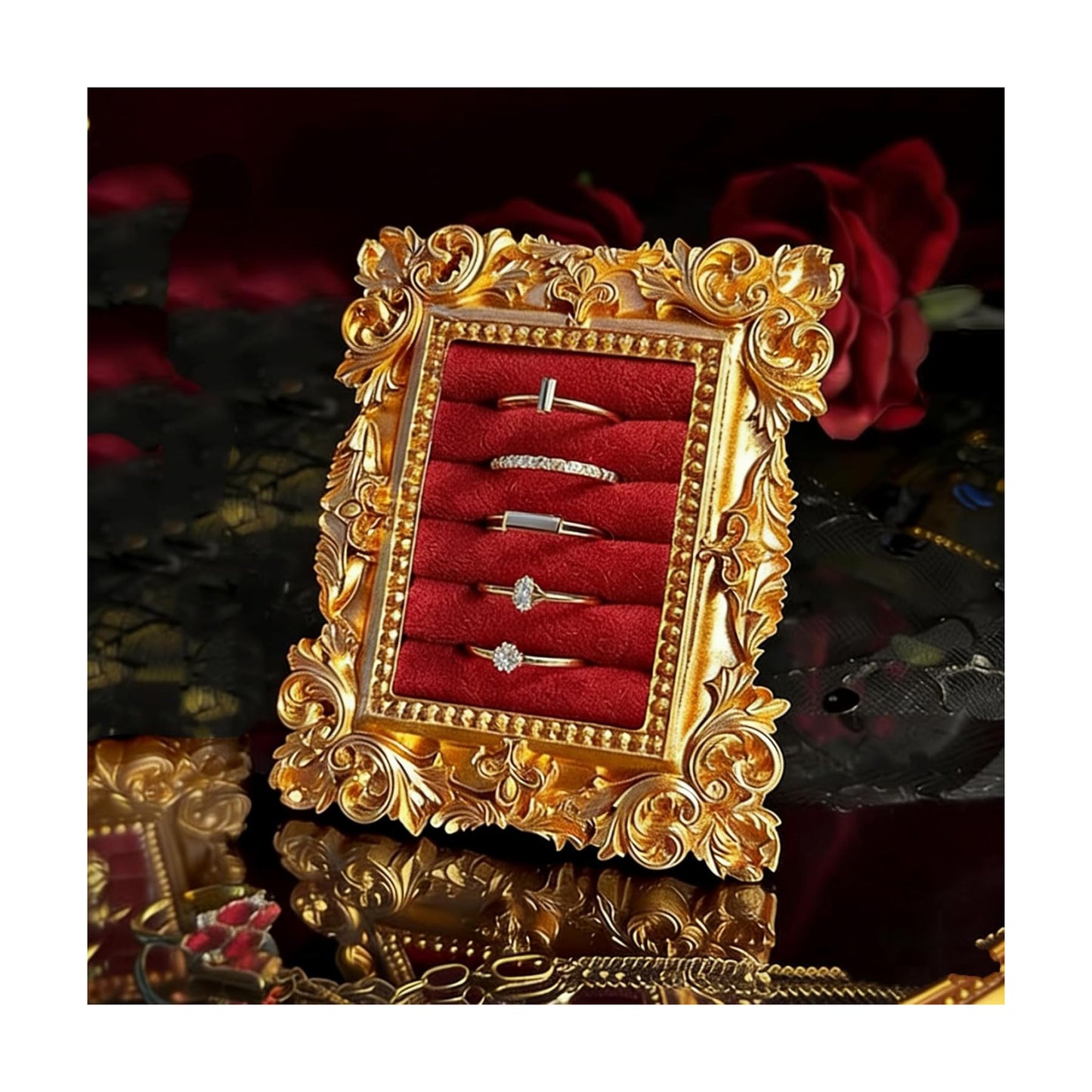 Vintage Ring Holder Rectangle Gold Velvet Display Stand / Mpf05-gold Red