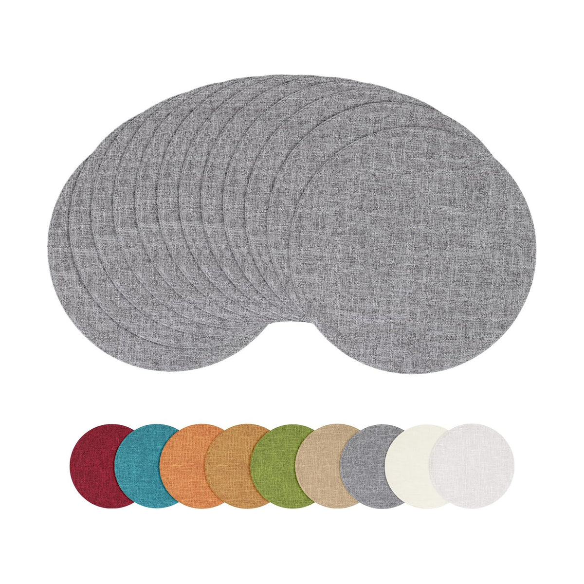 Cotton Linen 15 Inch Round Cloth Place mats, Set of 12, Dark Grey | Washable Table Mats, Heat Resistant, Reversible