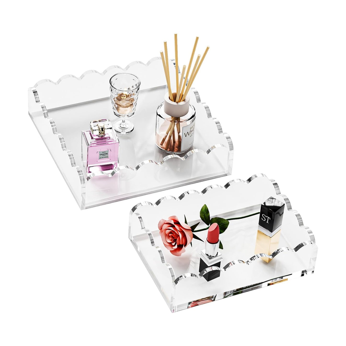 Scalloped Acrylic Tray / Scalloped Clear Square+rectangle Set / Set of 2