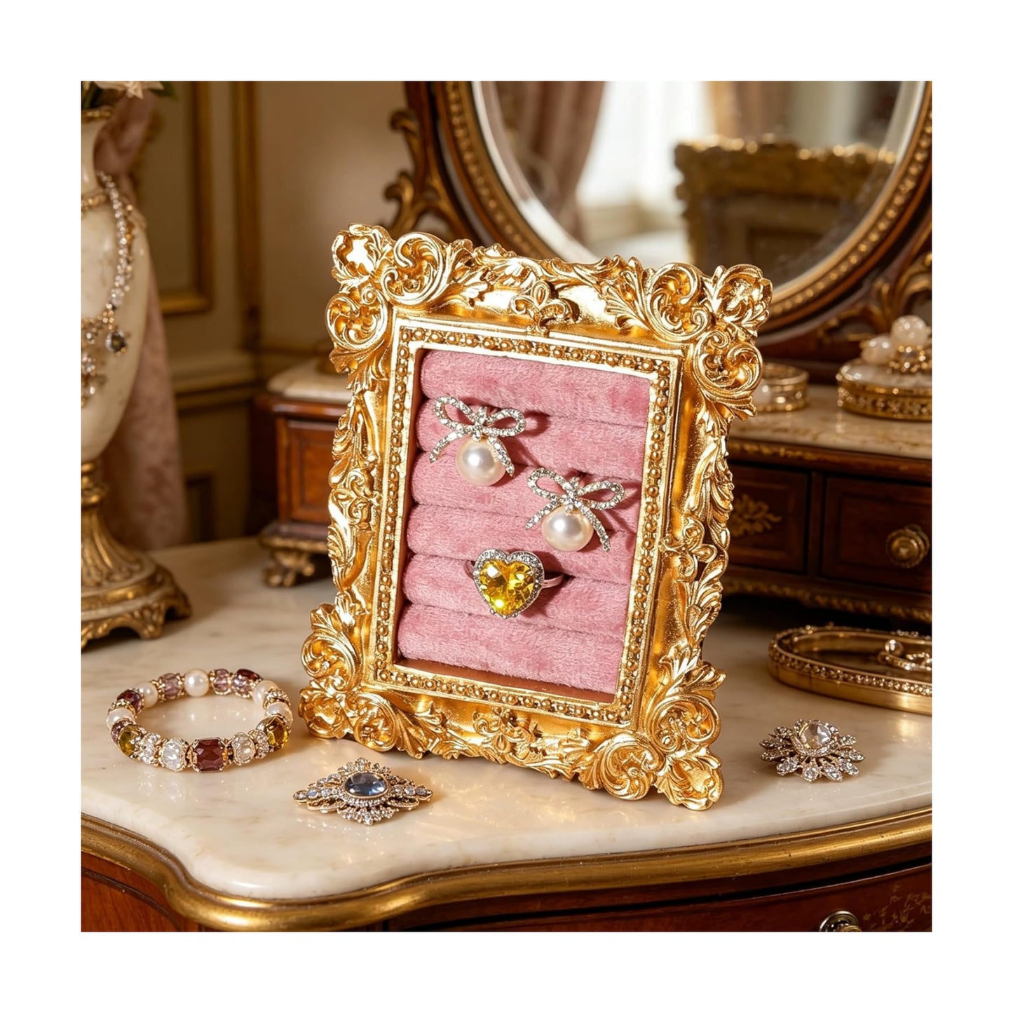 Vintage Ring Holder Rectangle Gold Velvet Display Stand / Mpf05-gold Pink