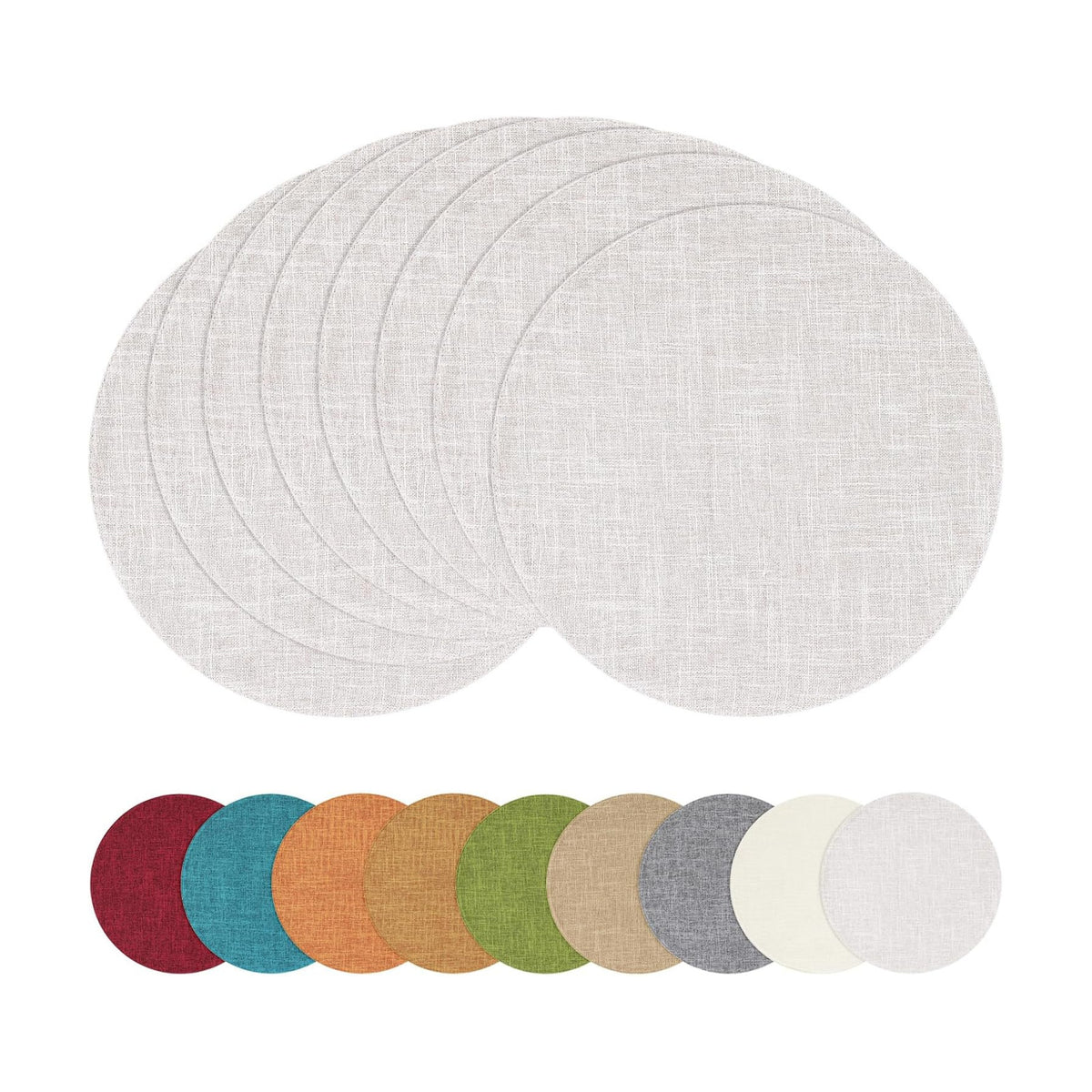 Cotton Linen 15 Inch Round Cloth Place mats, Set of 8, Beige | Washable Table Mats, Heat Resistant, Reversible