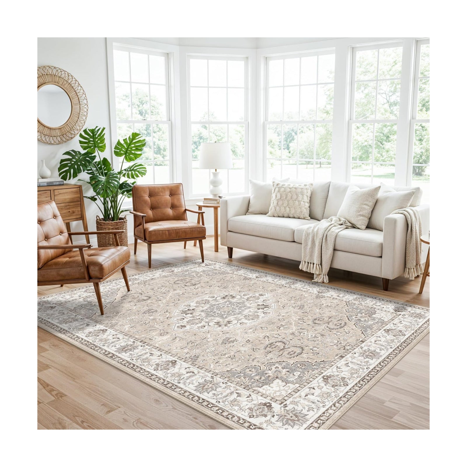Washable 5x8 Living Room Area Rug: Vintage Water-Resistant Soft Rug for Bedroom Dining Room Non Slip Apartment Low Pile