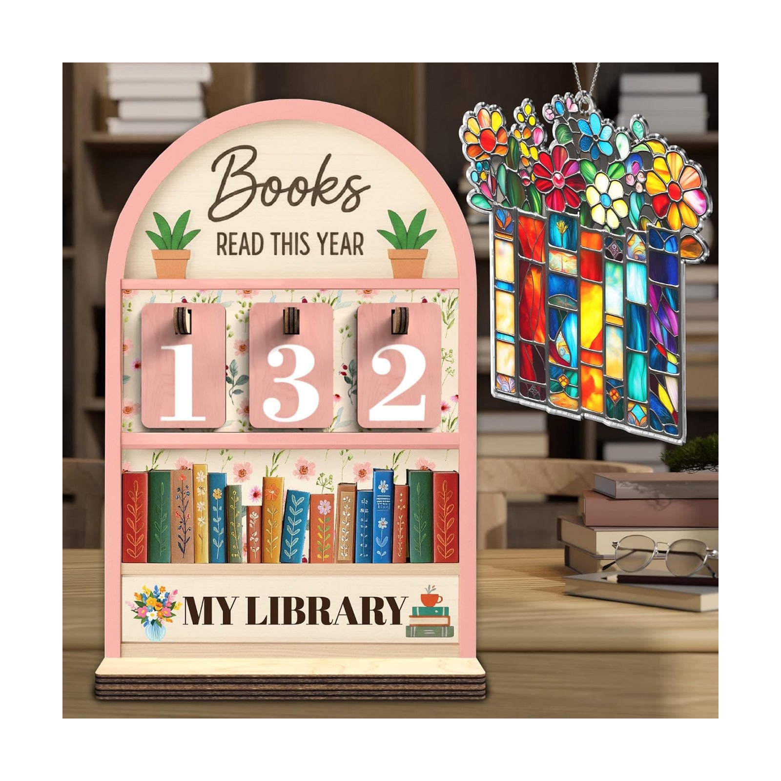 Book Lover / Book Suncatcher Ornament / Book Tracker 2 / Pink