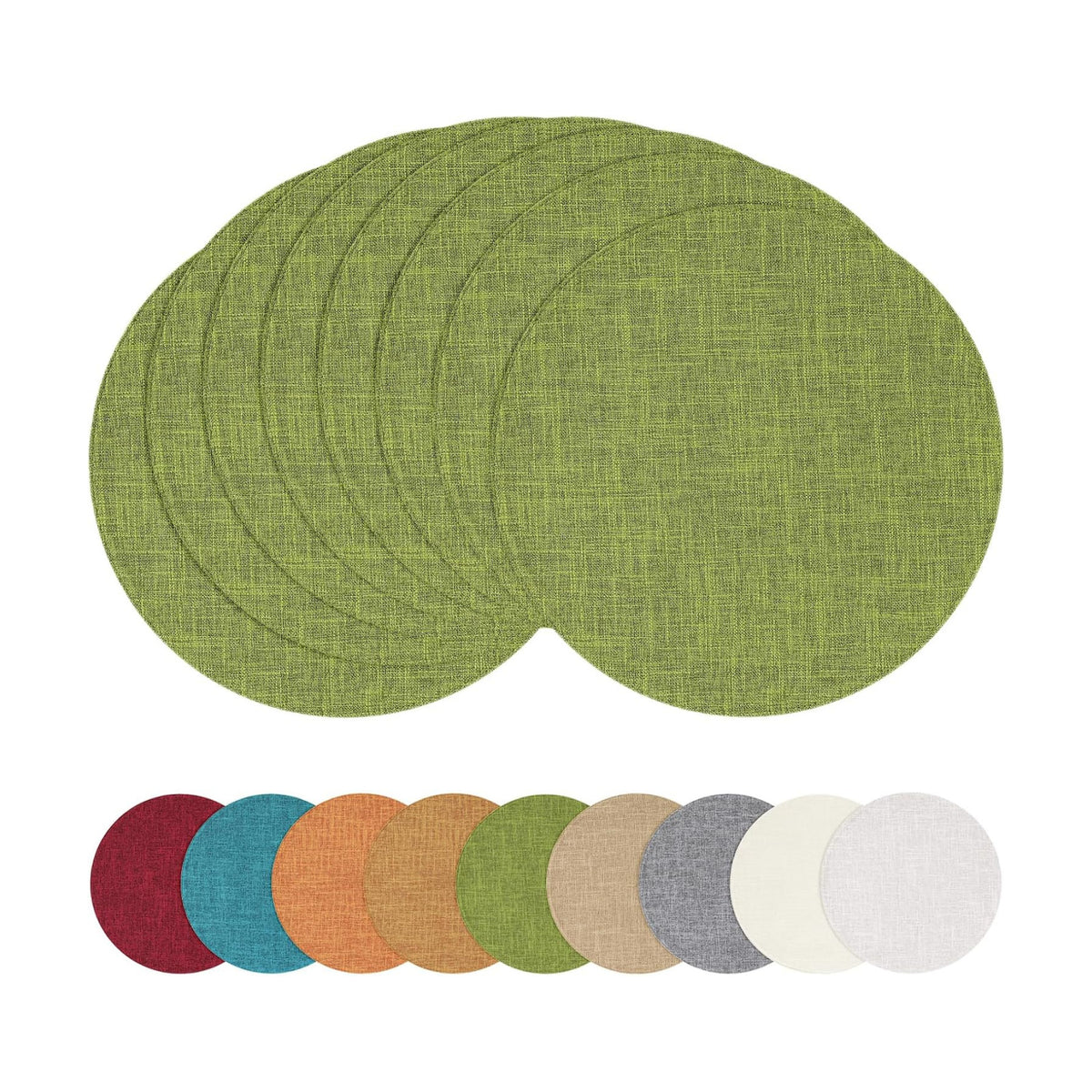 Cotton Linen 15 Inch Round Cloth Place mats, Set of 8, Grass Green | Washable Table Mats, Heat Resistant, Reversible