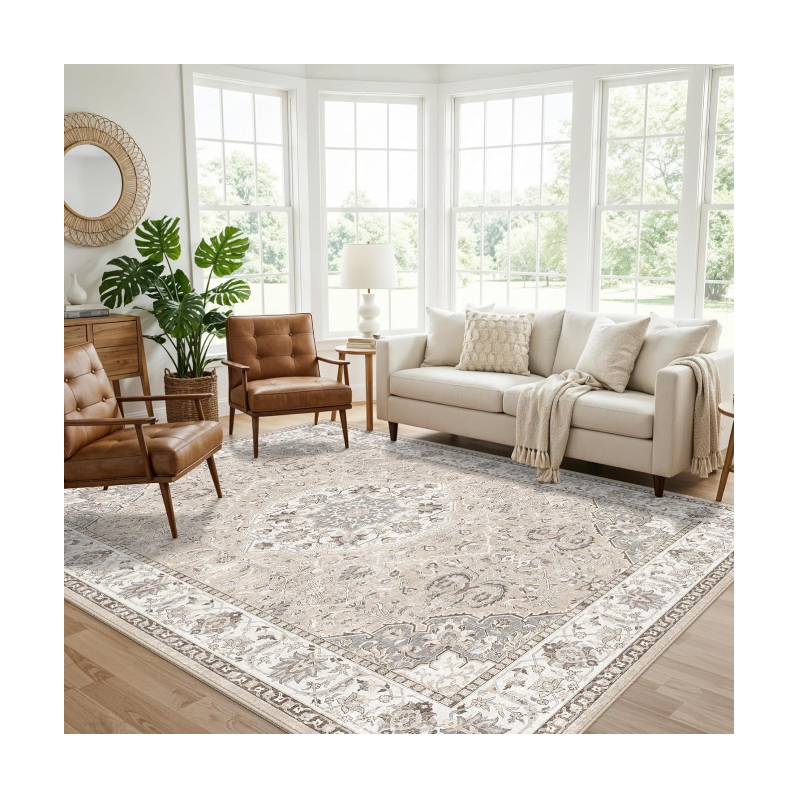 7x10 Area Rug for Living Room: Washable Neutral Vintage Large Rugs for Bedroom, Office, Dining Room, Kids Room