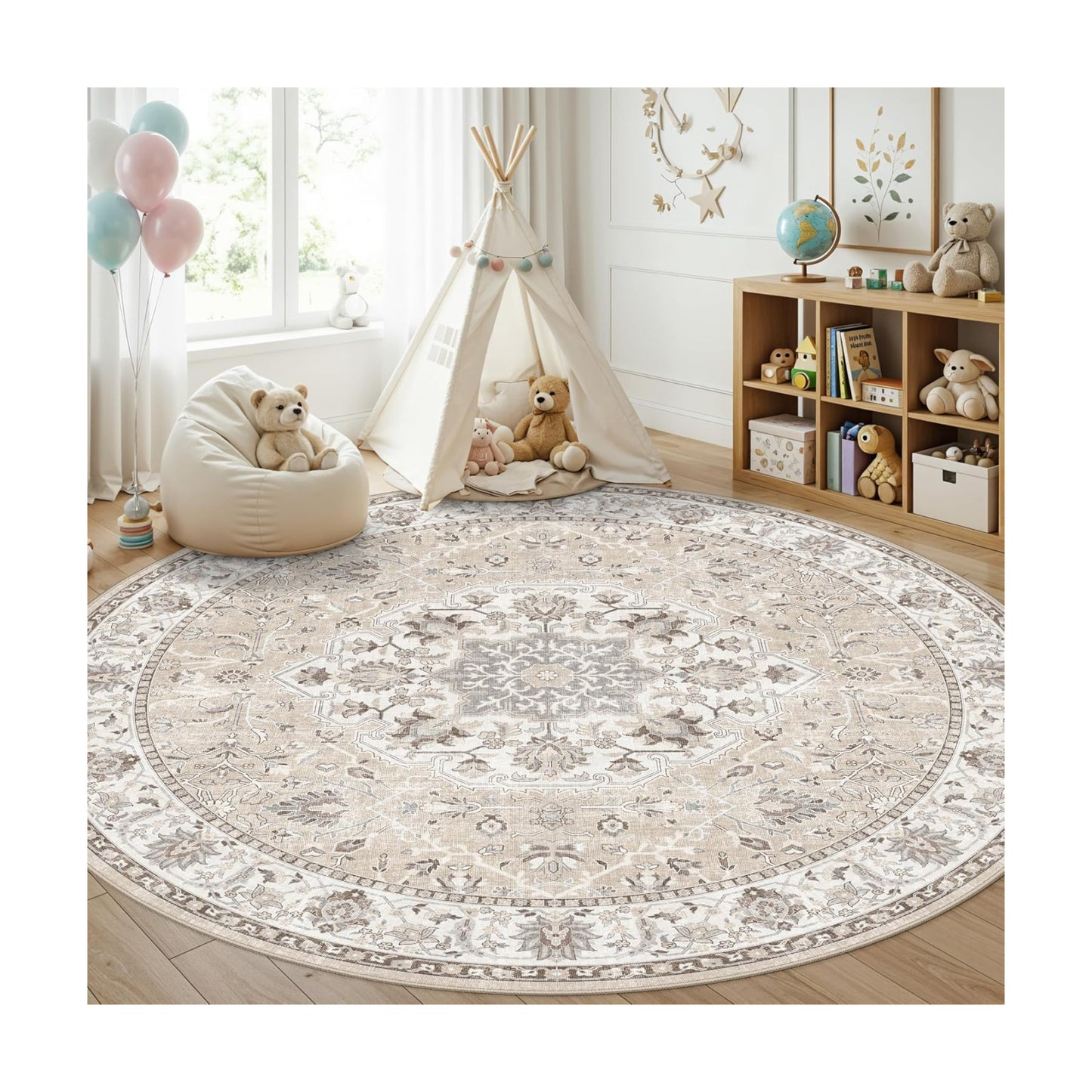 7x7 Living Room Area Rug: Washable Oriental Printed Soft Round Rug for Bedroom Besides Non-Slip Low-Pile Carpet for