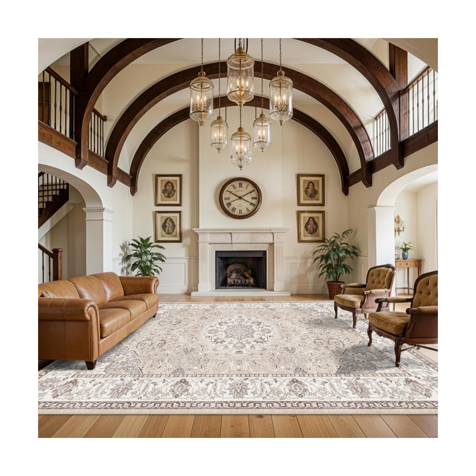 12x15 Living Room Area Rug: Oriental Large Neutral Bedroom Carpet Soft Distressed Floor Mat with Non-Slip Backing