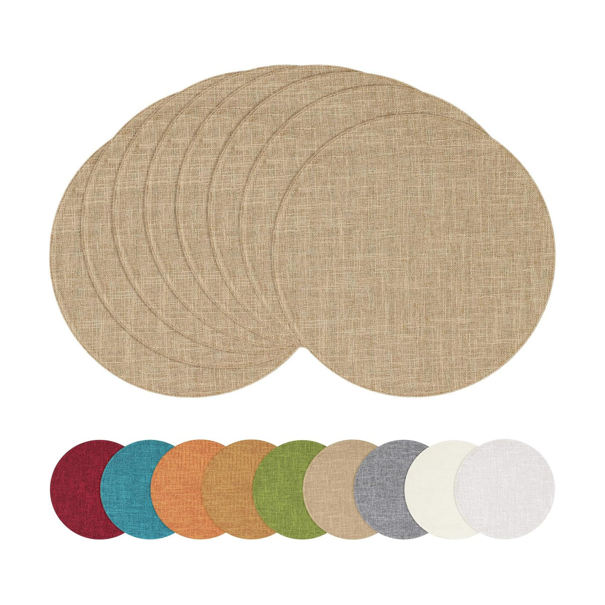 Cotton Linen 15 Inch Round Cloth Place mats, Set of 8, Linen | Washable Table Mats, Heat Resistant, Reversible