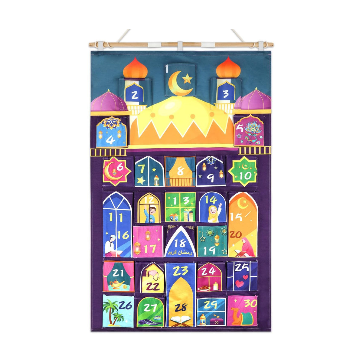 HOWAF Fabric Ramadan Advent Calendar (Countdown to Eid), Mosque Eid Ramadan Countdown Calendar with 30 Pockets for Ramadan Mubarak Home Wall Decoration, Islamic Decor Eid Holiday Advent Calendar Planner Supplies