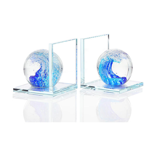 Hand Blown Ocean Waves Ball Glass Decorative Non Skid Bookends / Blue