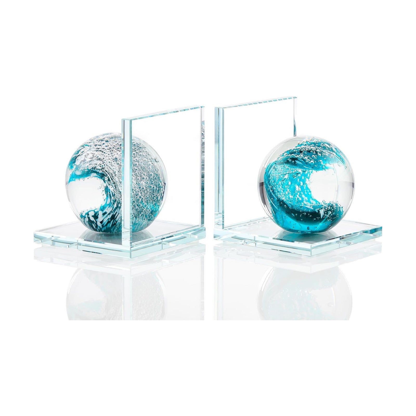 Hand Blown Ocean Waves Ball Glass Decorative Non Skid Bookends / Dark Green
