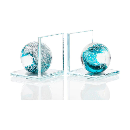 Hand Blown Ocean Waves Ball Glass Decorative Non Skid Bookends / Dark Green