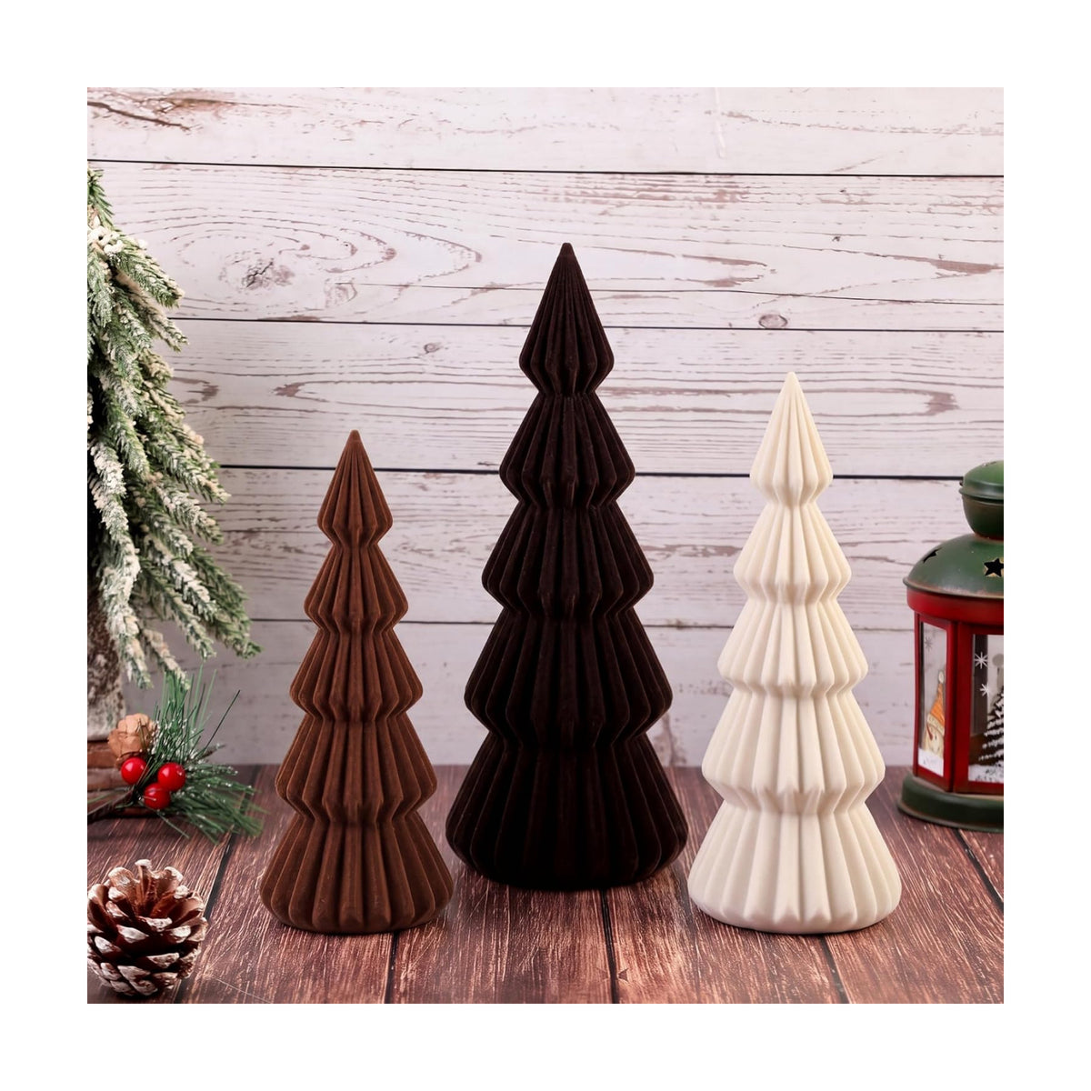 Set of 3 Velvet Ceramic Christmas Tree Decor, Brown,White,Coffee