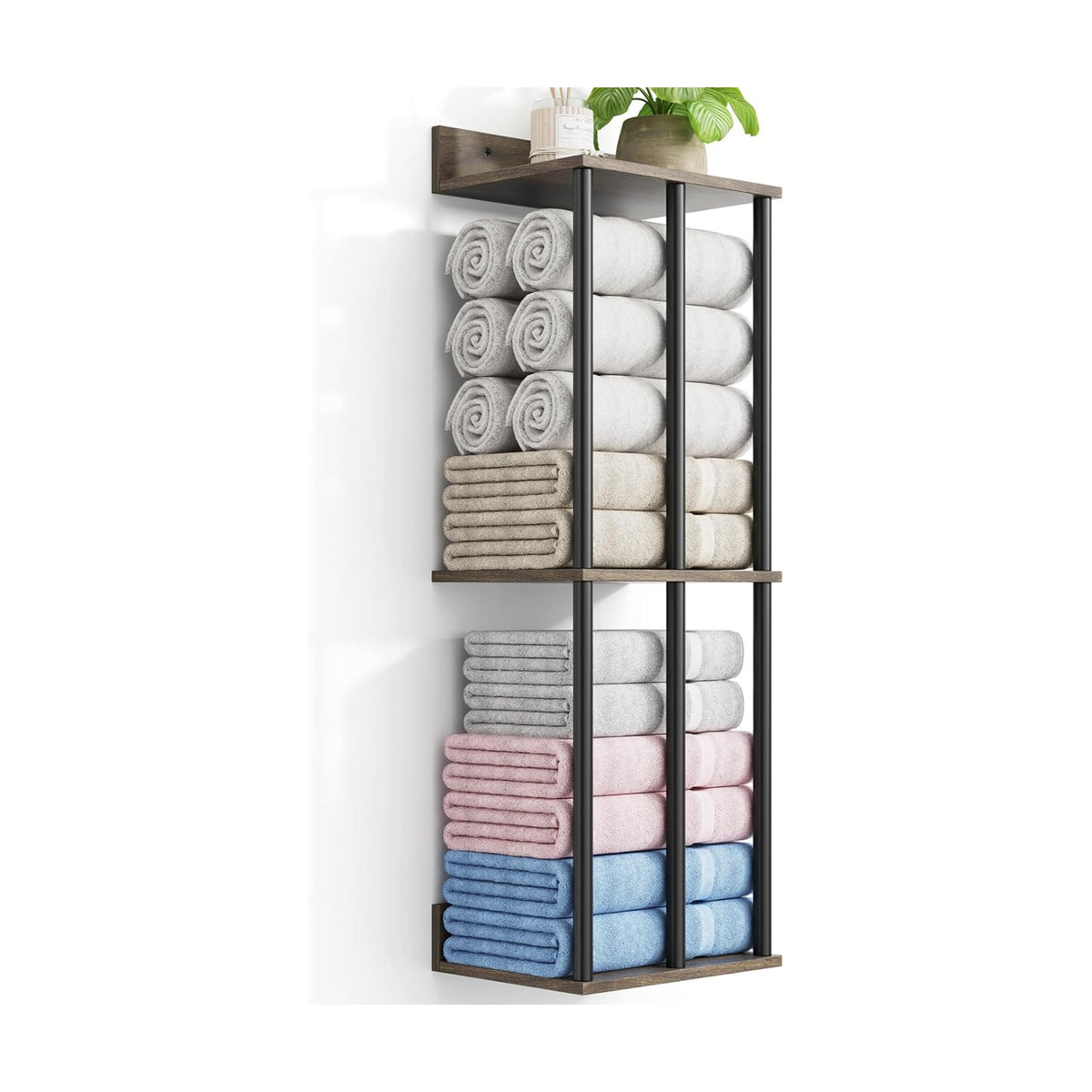 Towel Racks for Bathroom Wall Mounted with Wooden Storage Shelf | Updated 3 Bar Metal Towel Holder for Rolled Towels