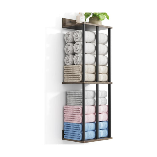 Towel Racks for Bathroom Wall Mounted with Wooden Storage Shelf | Updated 3 Bar Metal Towel Holder for Rolled Towels