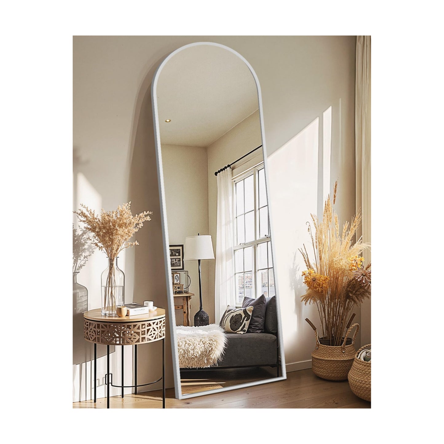 Delma Arched Full Length Mirror with Stand, 56x15 Silver Floor Mirror