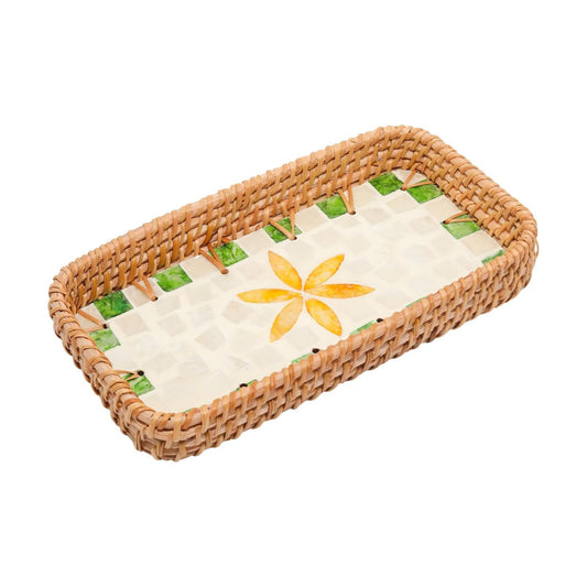 Rattan Serving Tray / 8.3 x 4.3 x 1.6 / Green Grid Yellow Leaves