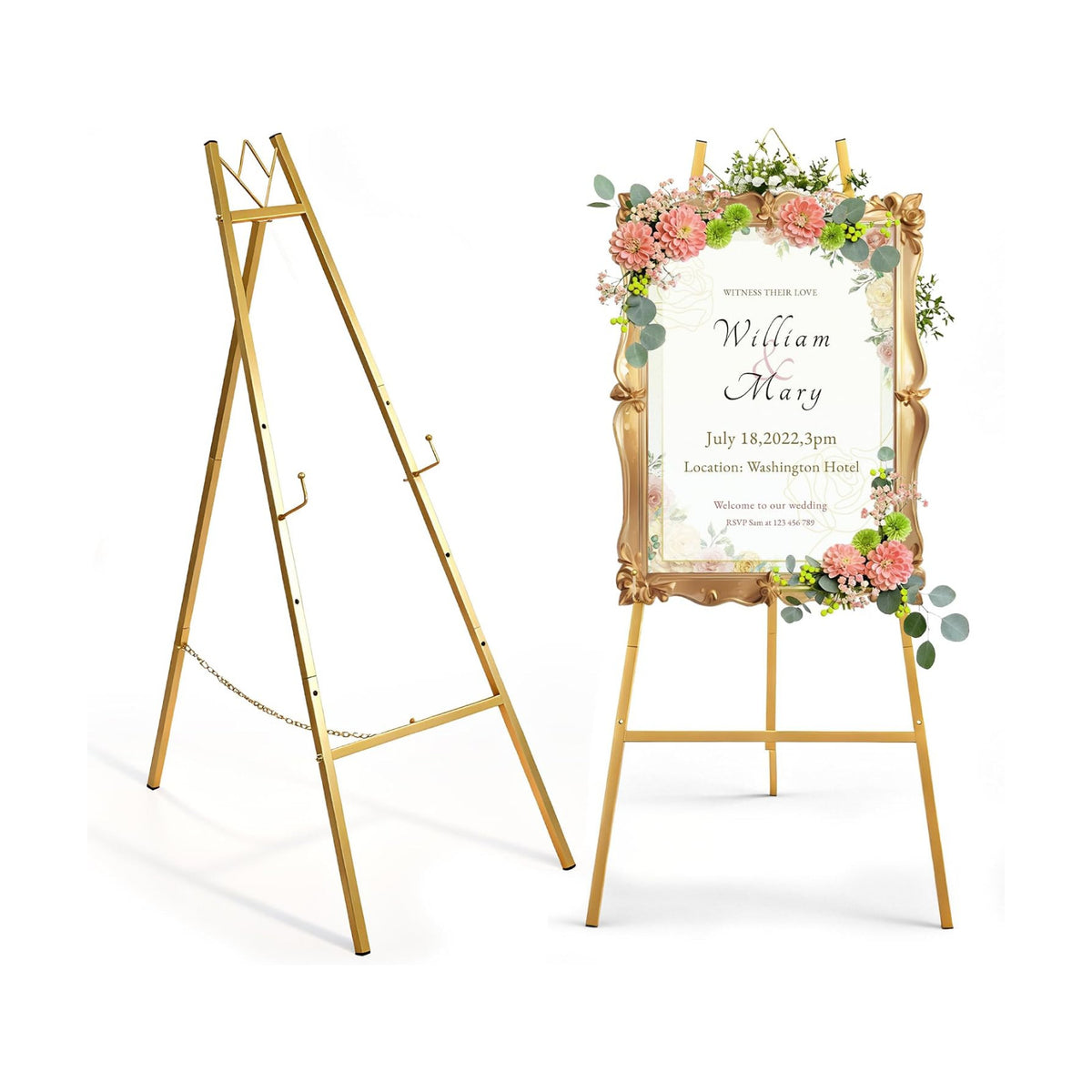 57.5" Gold Easel Stand for Sign, Wedding Sign Stand for Display | 4 Adjustable Height Levels Heavy Duty Metal Display