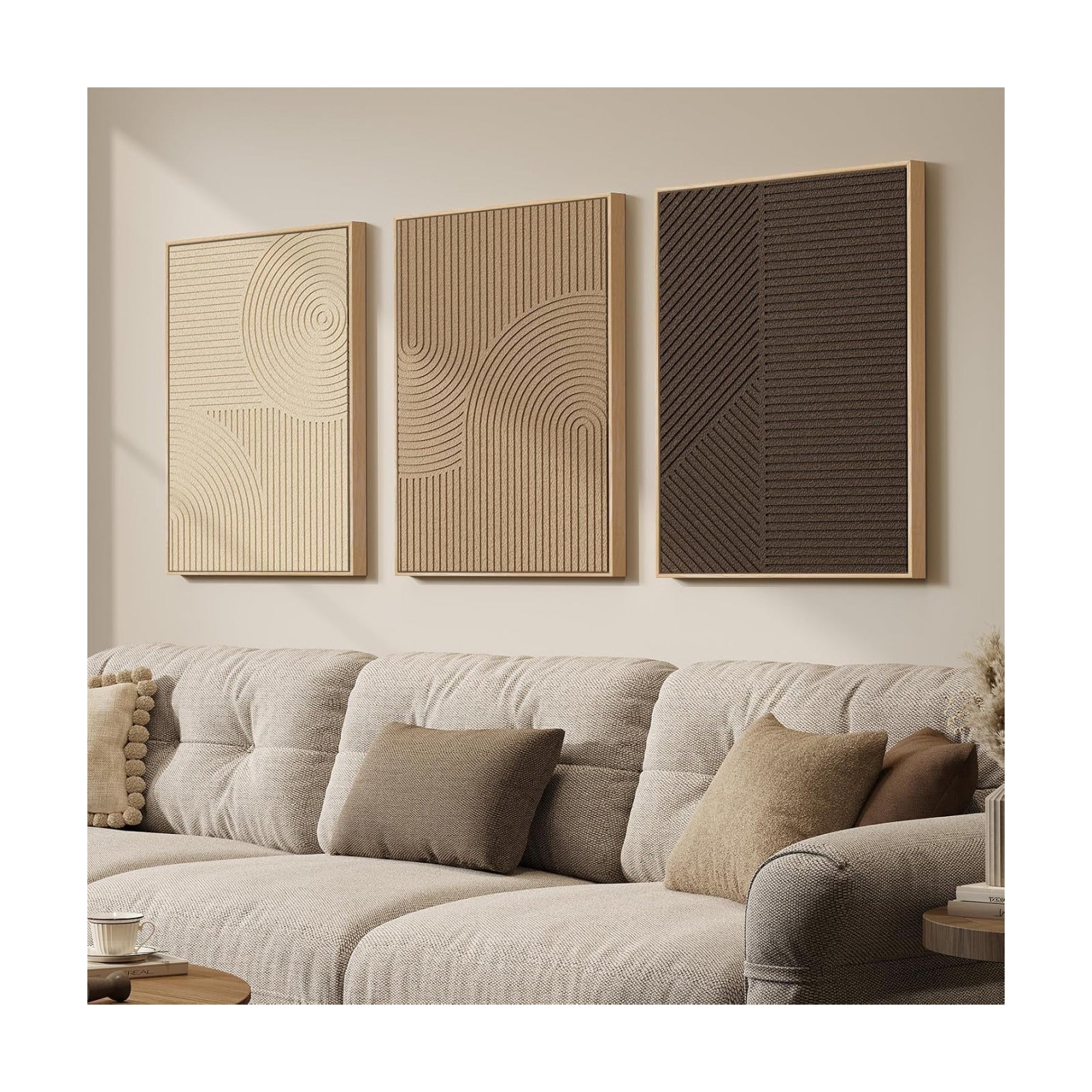 3D Textured Framed Neutral Abstract Wall Art Set, 3 Piece Modern Artwork