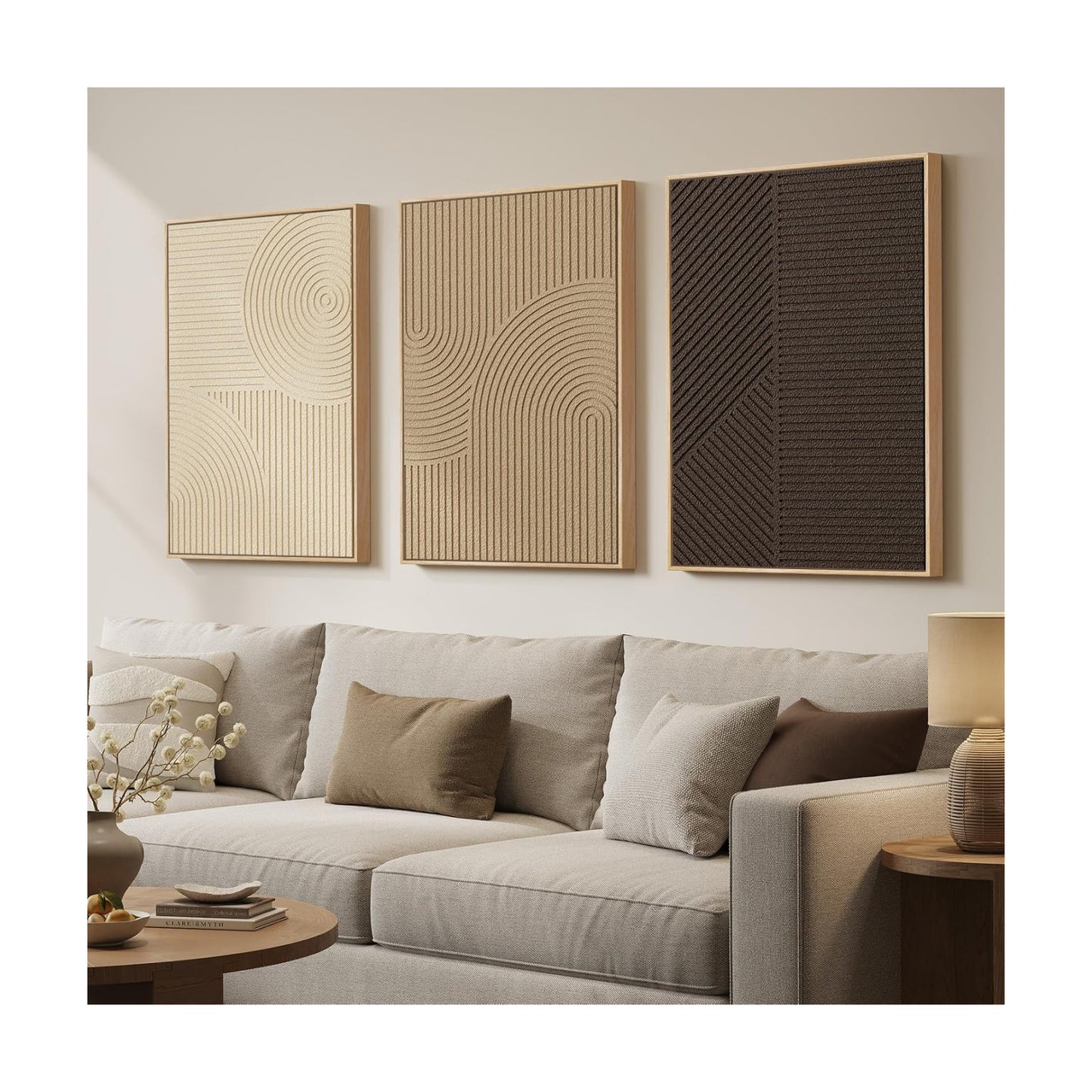 Large 3D Framed Neutral Abstract Wall Art Set of 3, Modern Artwork 20x30 In