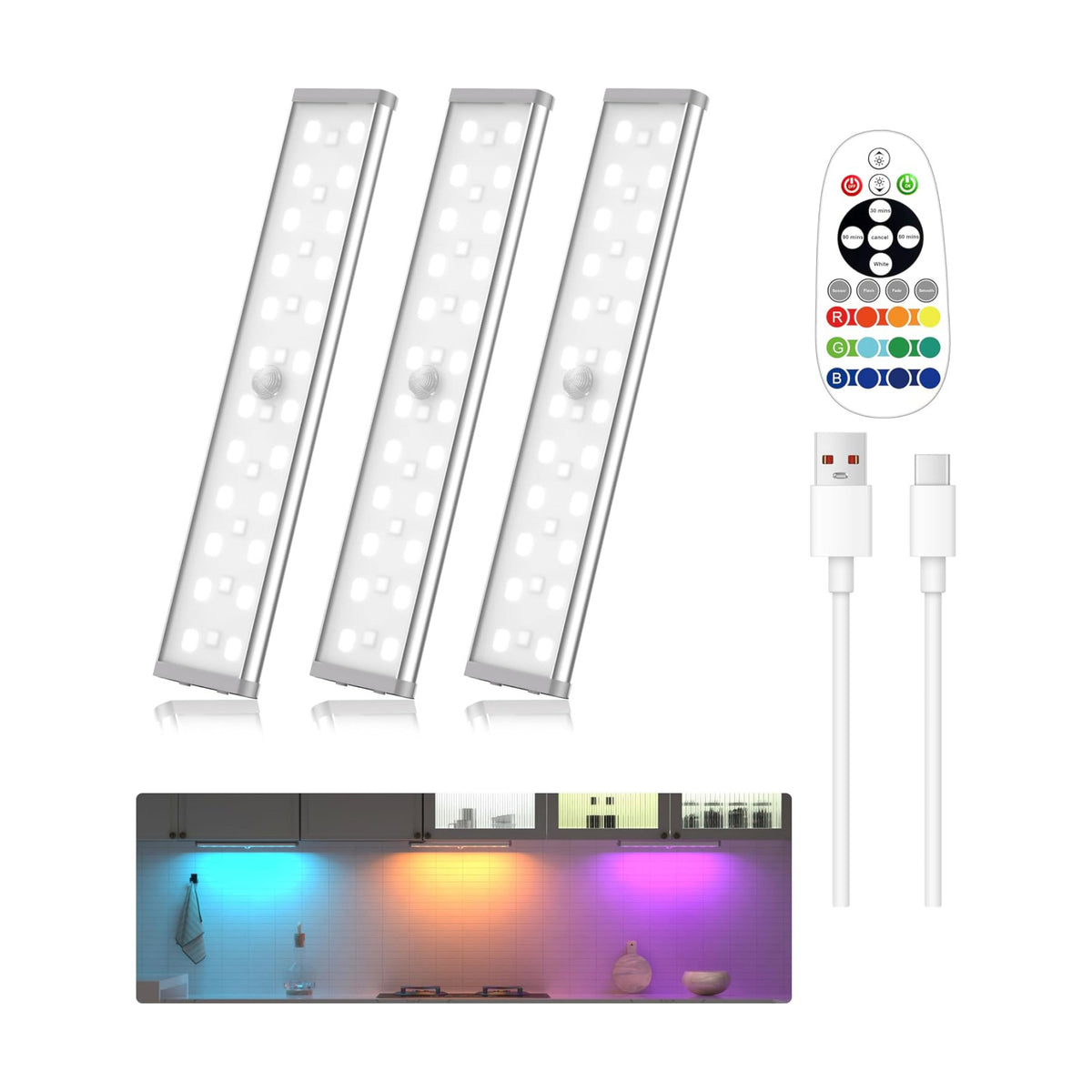 Under Cabinet Lighting Wireless,58 LED Motion Sensor Light Indoor Night Lights with Remote,Rechargeable RGB Under