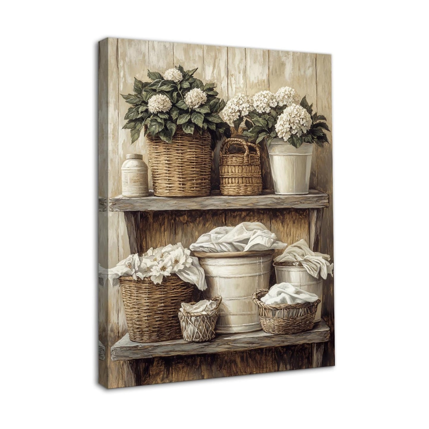 Rustic Floral Woven Basket Artwork Print for Laundry Bathroom Retro / Brown Framed