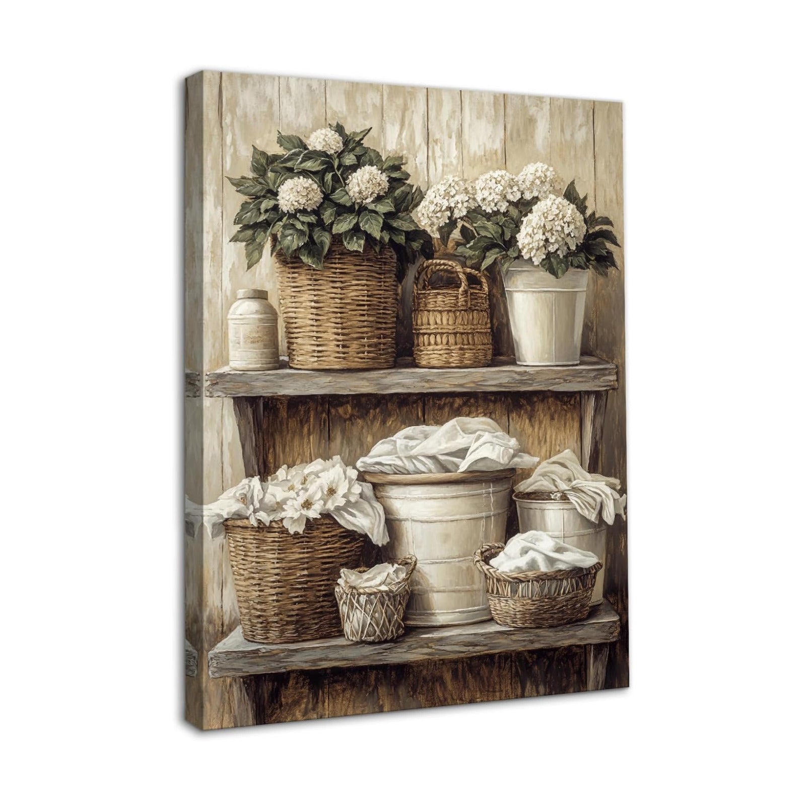 Rustic Floral Woven Basket Artwork Print for Laundry Bathroom Retro / Brown Framed
