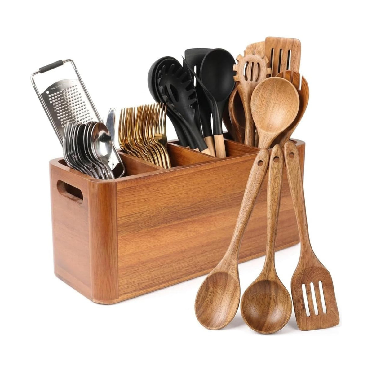 Kitchen Utensil Holder for Counter and Countertop, Acacia Utensil Organizer with 3 Pcs Wooden Spoon Set, Large Drying
