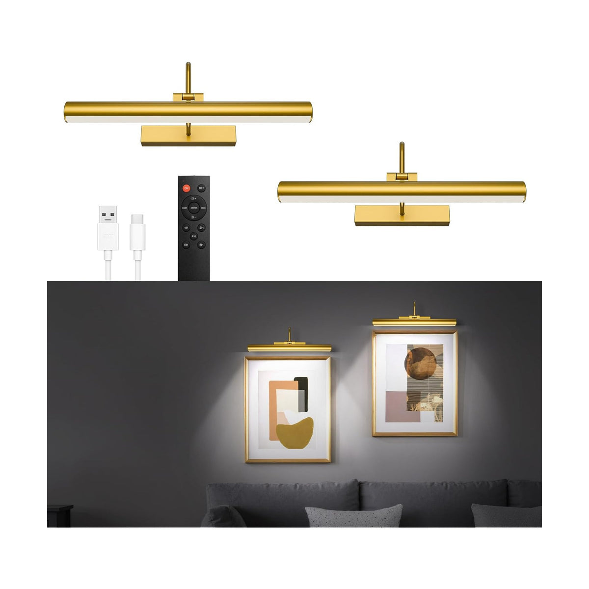 16" Rechargeable Picture Light for Wall Art, Brass Finish | 5200mAh Battery Operated Wireless LED Art Light with