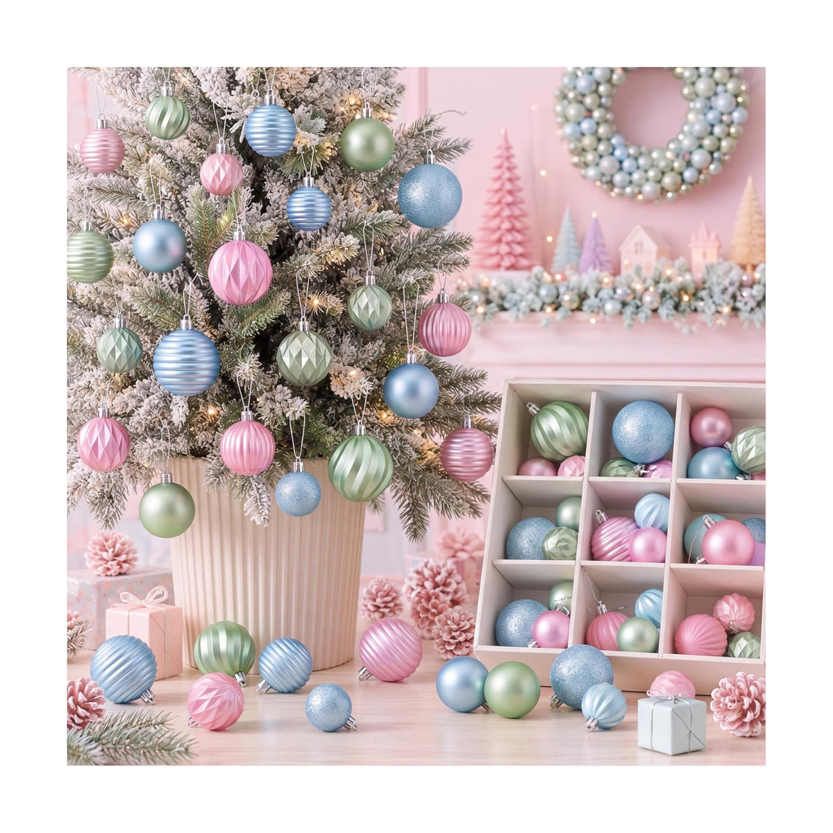 Lunmon 64 Pcs Pastel Christmas Ball Ornament 1.57/1.97/2.36 Inch Xmas Bulbs