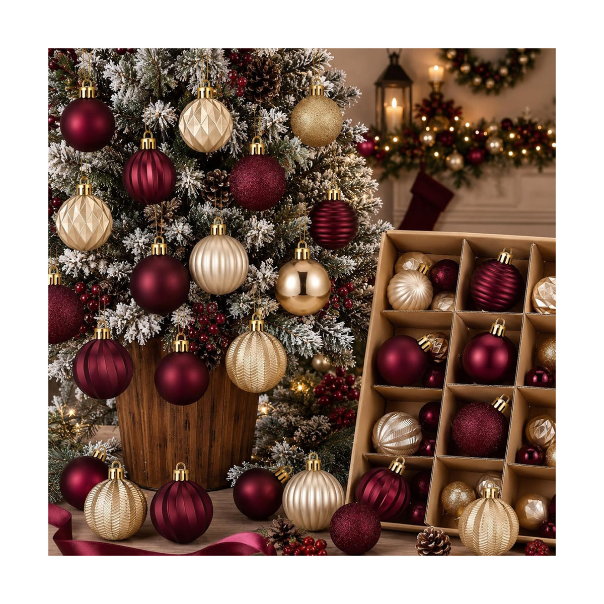 Lunmon 64 Pcs Burgundy and Gold Christmas Ball Ornament 1.57/1.97/2.36 Inch