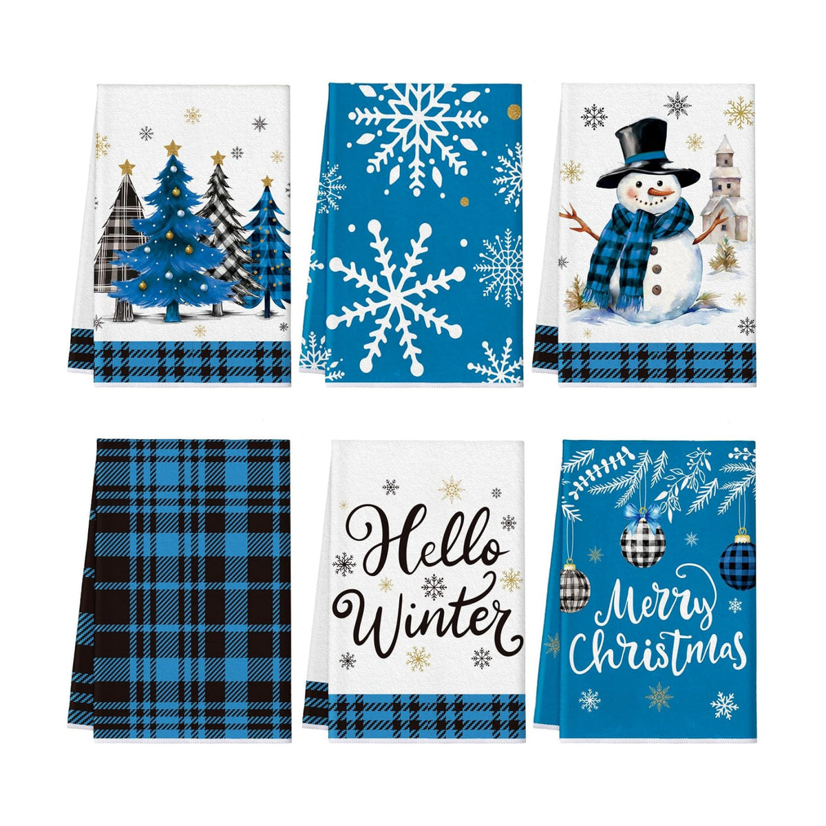 Bencailor 6 Pcs Christmas Kitchen Towel, Blue, Black, Winter Plaid
