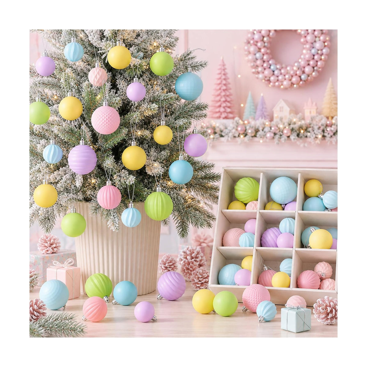 Lunmon 64 Pcs Pastel Christmas Ball Ornaments Macaron Candy Land Xmas Bulbs