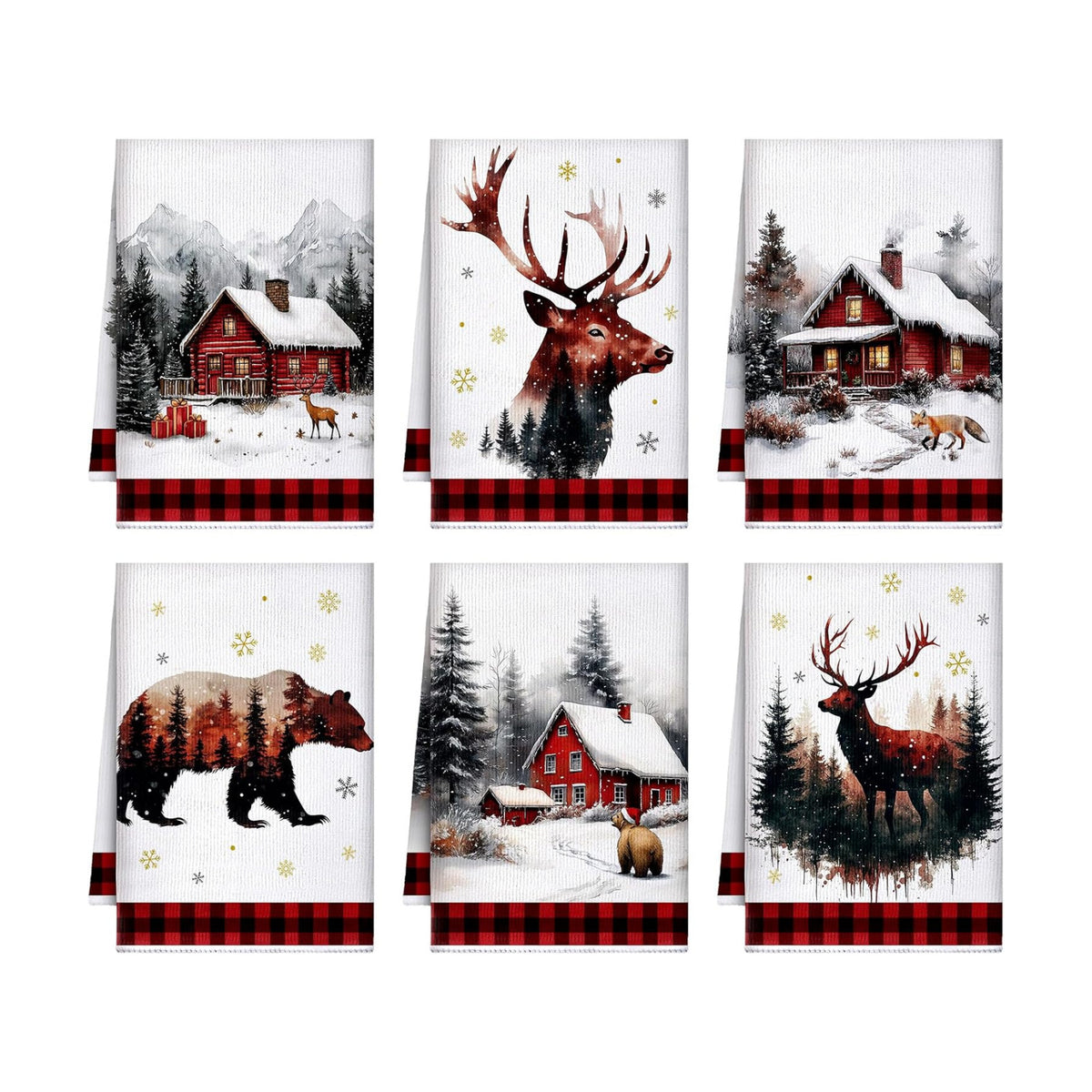 Bencailor 6 Pcs Christmas Kitchen Towel, Buffalo Plaid, Forest Cabin