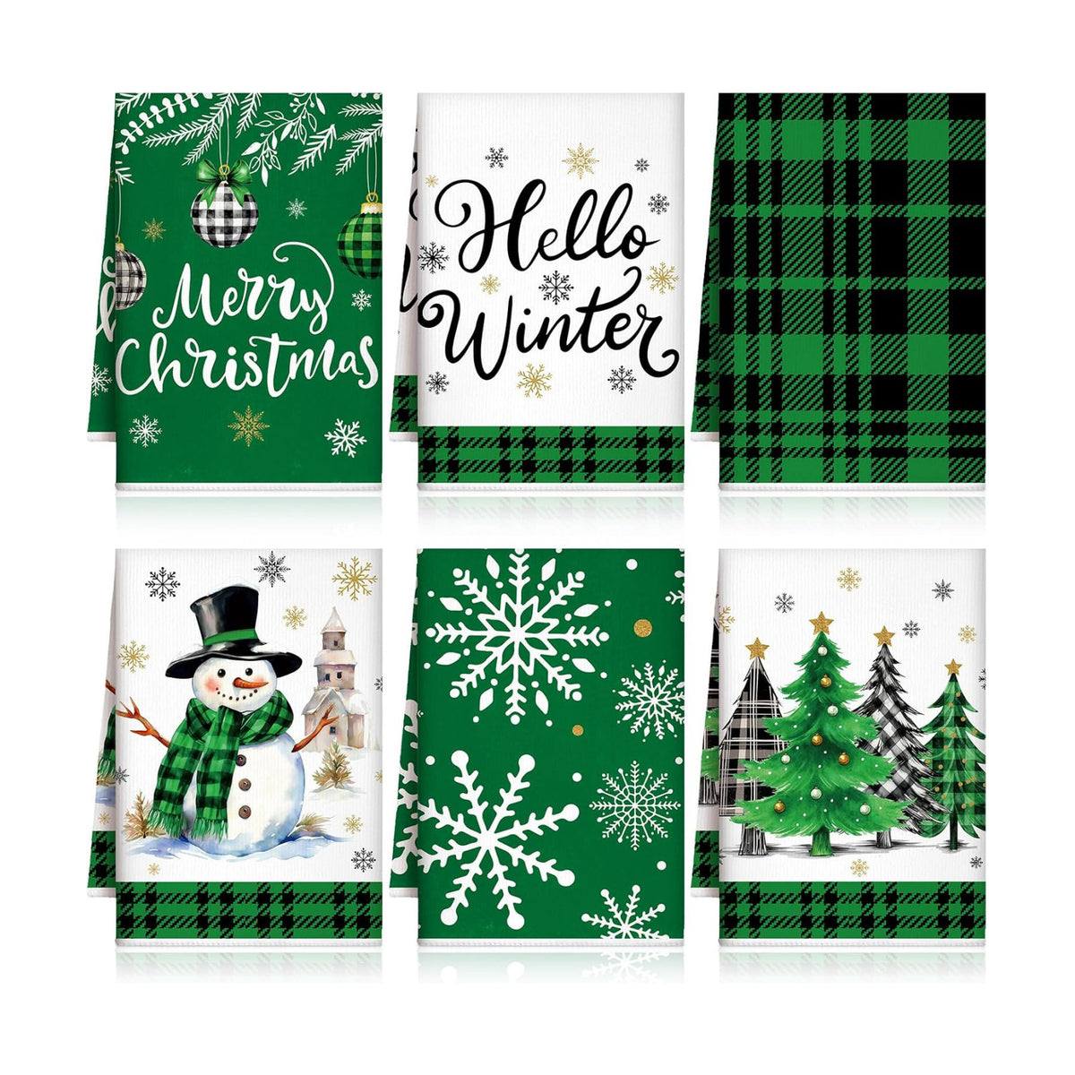 Bencailor 6 Pcs Christmas Kitchen Towel, Green, Black, Winter Plaid