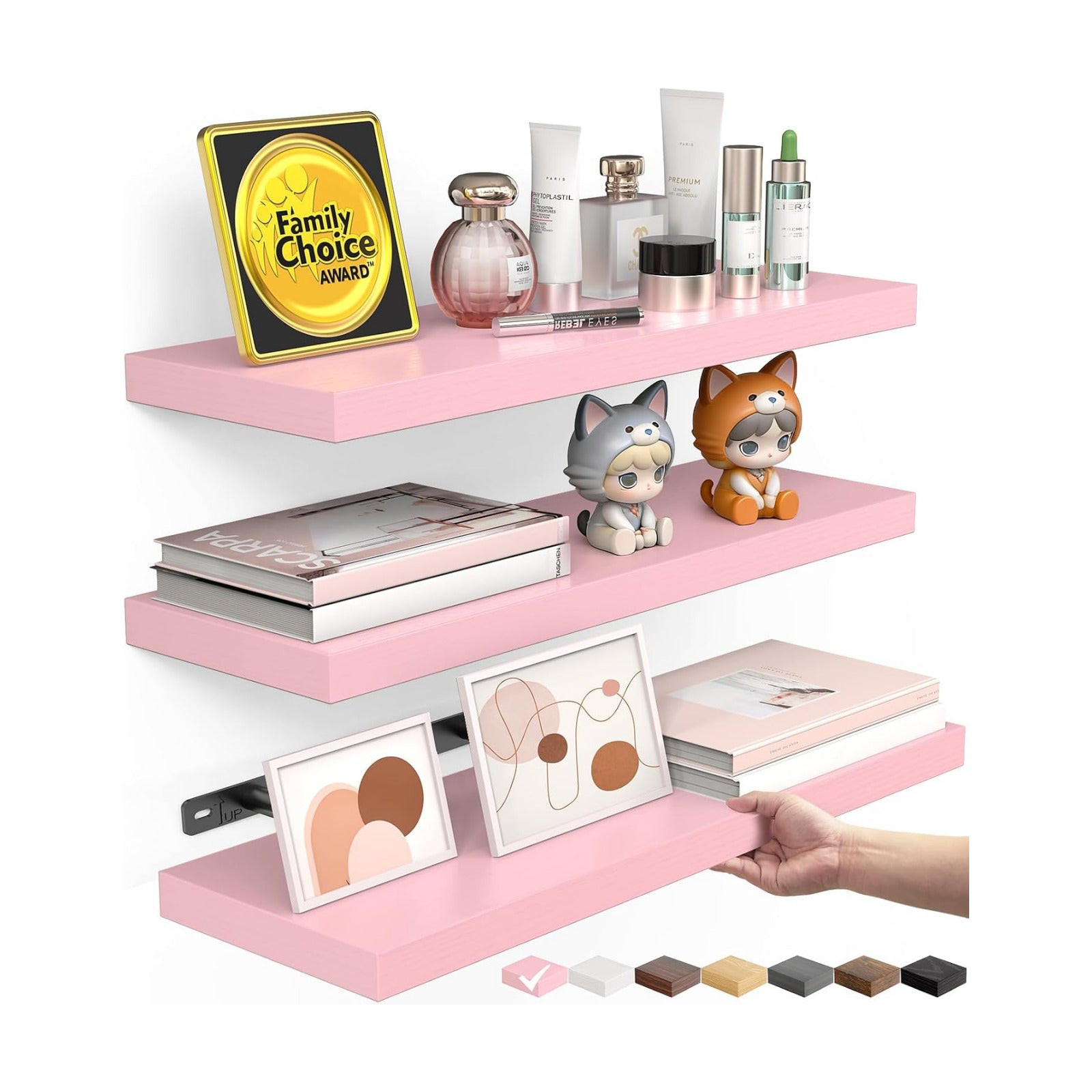 BAYKA Pink Floating Shelves 15.7in, Set of 3, Wall Mounted for Wall Decor