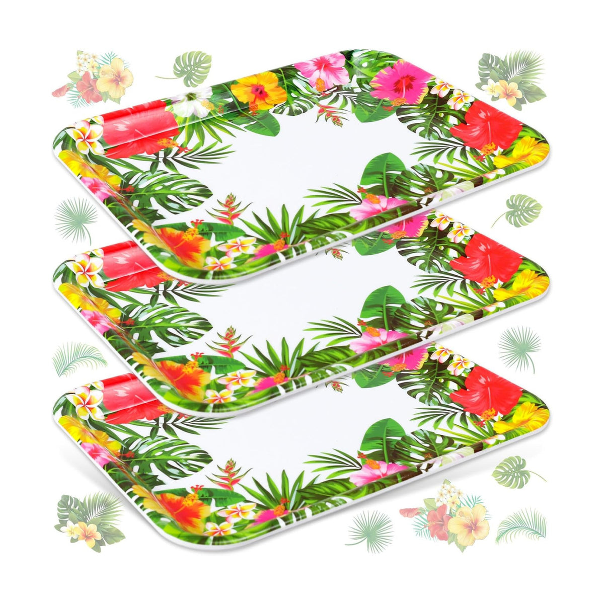 JarThenaAMCS 3Pcs Summer Tropical Luau Serving Trays Reusable Serving Dishes Watercolor Hawaiian Hibiscus Floral Monstera Melamine Platter for Pool Beach Aloha Birthday Party