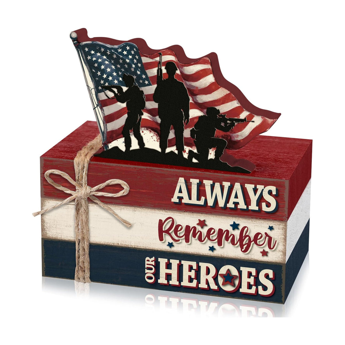 Geelin 4 Pcs 4th of July Wooden Book Stack Sign Decor, 250th Anniversary Patriotic Red White USA Tabletop Decoration with Soldier and American Flag, Rustic Farmhouse Tiered Tray Decor for Home Office