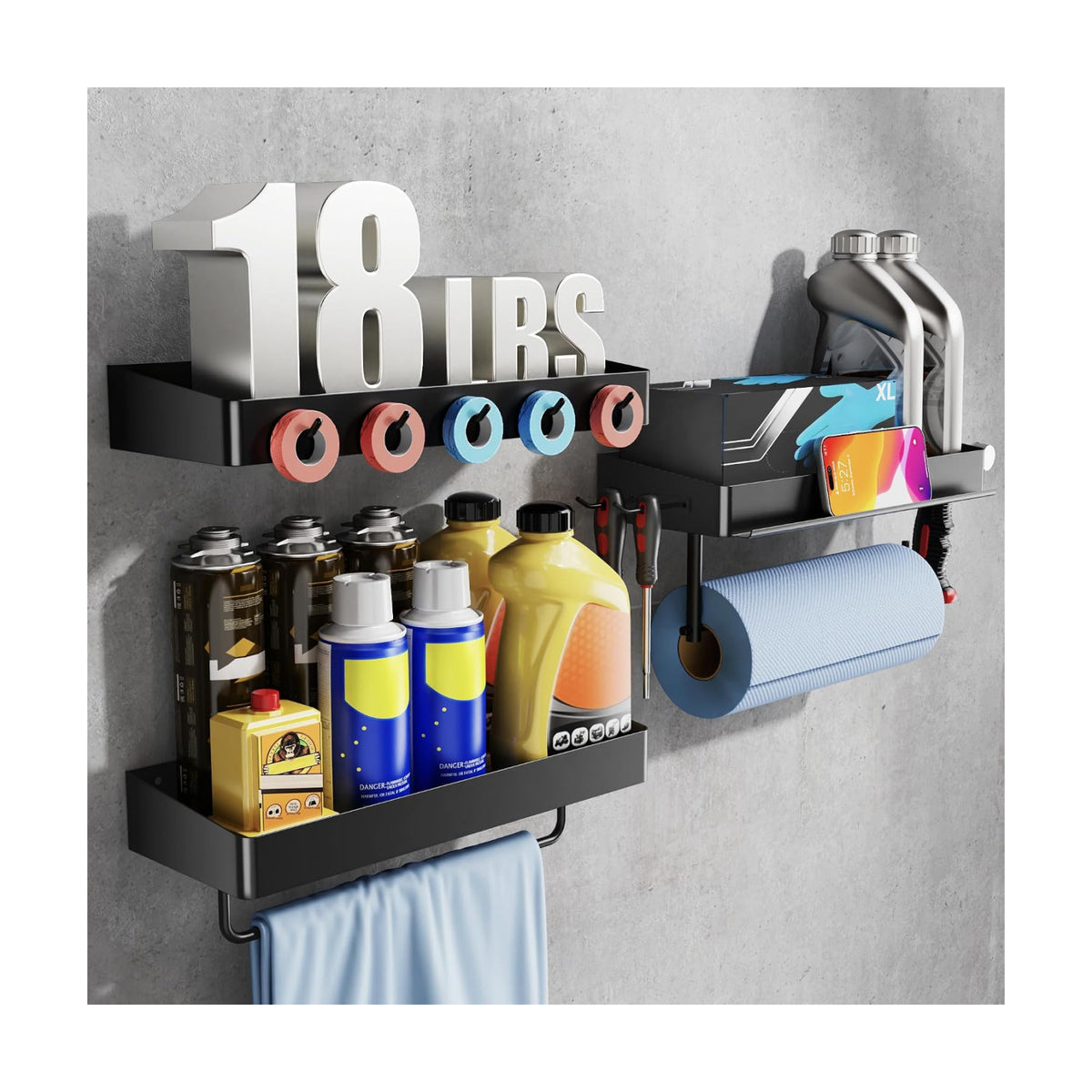 SUNTECH Garage Paper Towel Holder with Shelf, Wall-Mount, 3 Pack (Black) | Heavy Duty, Screw mounting, Built-in hooks