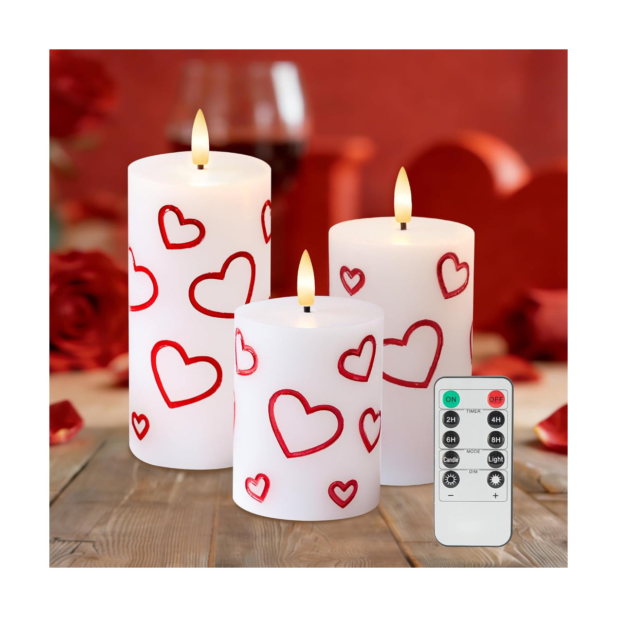 Valentines Day Heart Candles, Flameless Pillar Candles with Remote