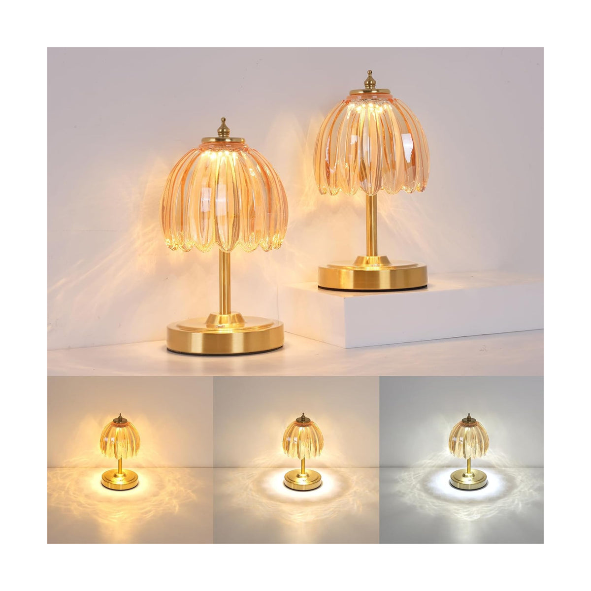 Shenmoyl Set of 2 Tulip Table Lamp with 5200mAh Battery & Touch Control, Cordless Small Table Lamp with 3 Colors