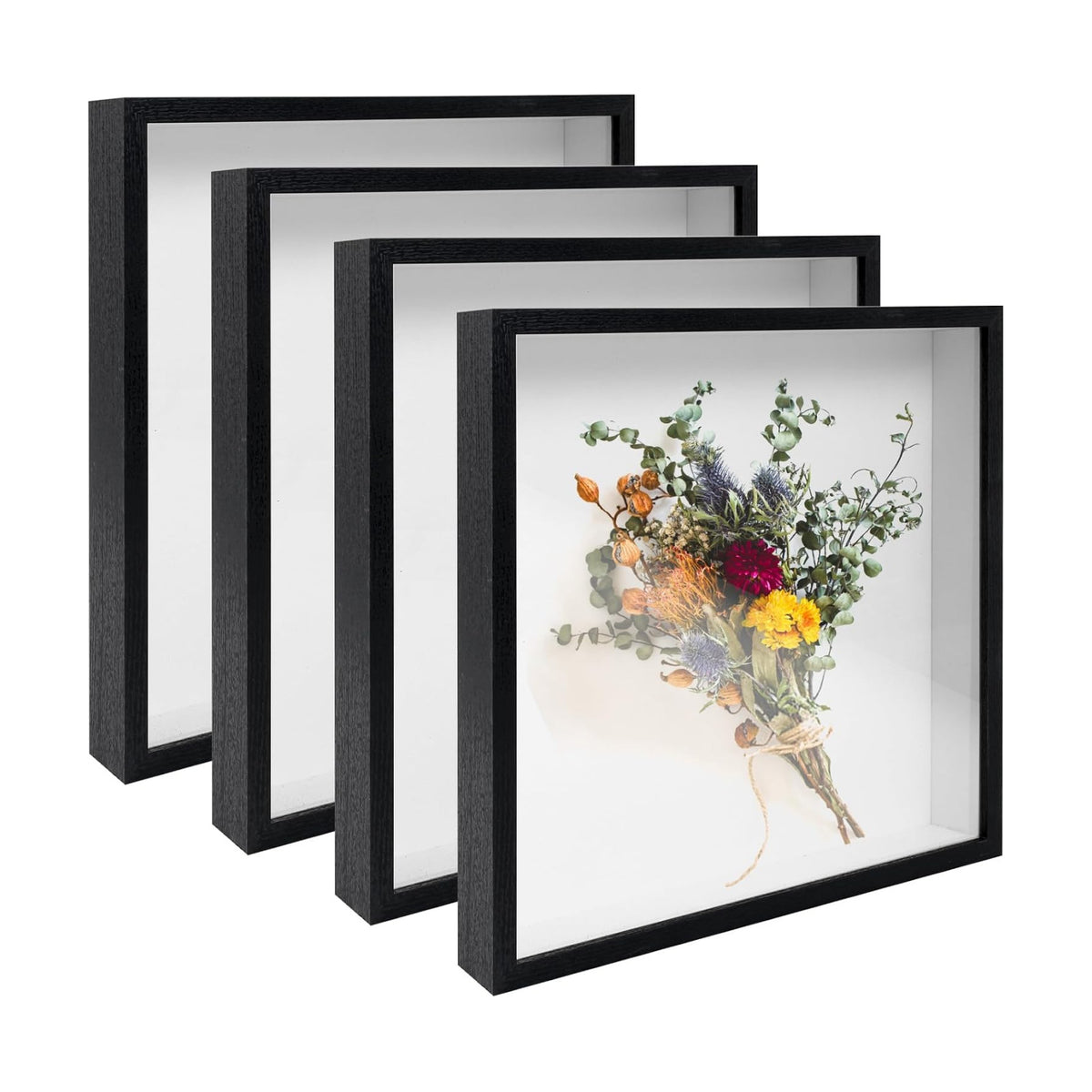 4 Pack 12x12 Shadow Box Frame Display Cases 3D Wood Deep Shadow Boxes | Black Shadow Display Frames with Stand, for