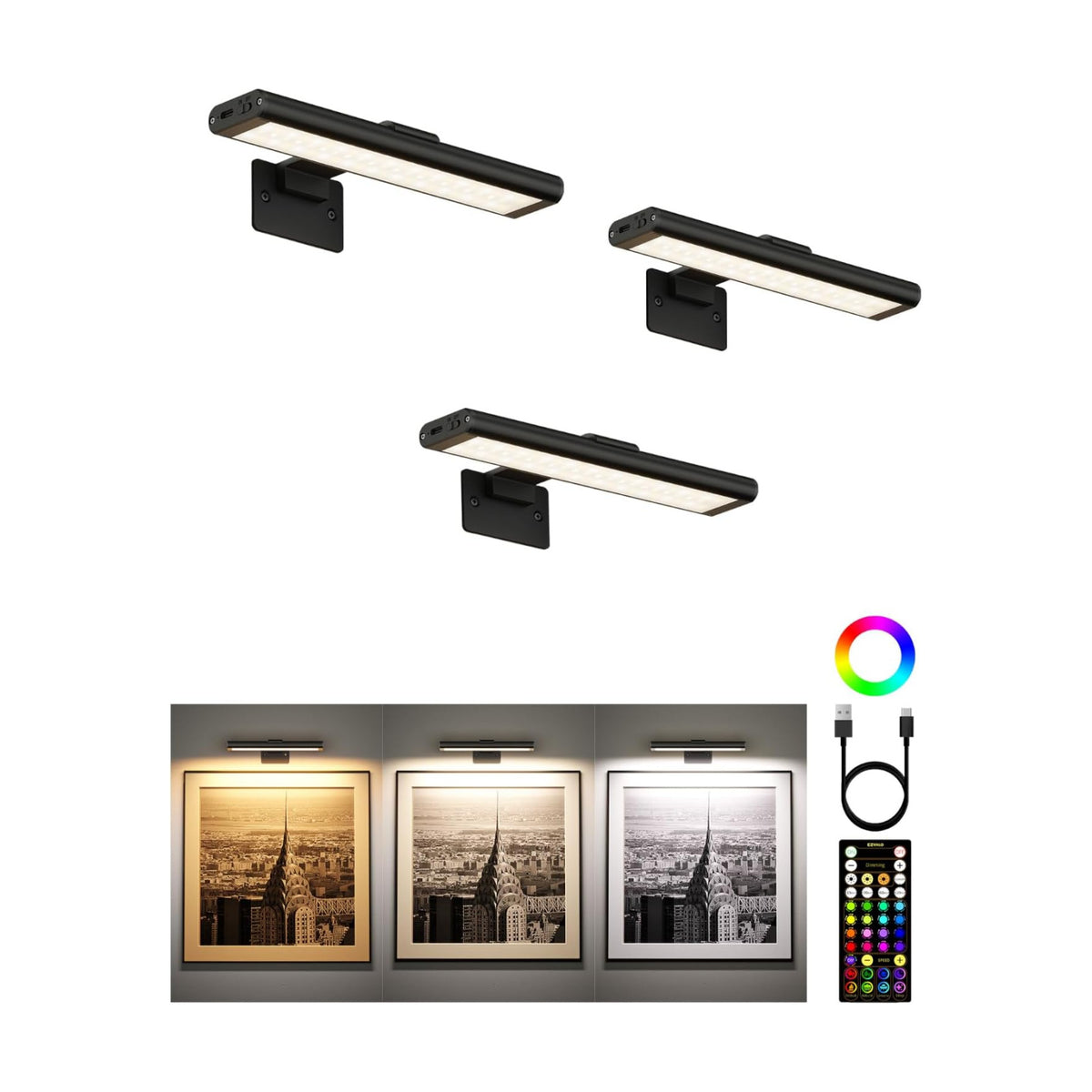EZVALO RGB Picture Light for Wall, 2400mAh Wireless Rechargeable Color Changing Art Light with Remote, 16 Colors