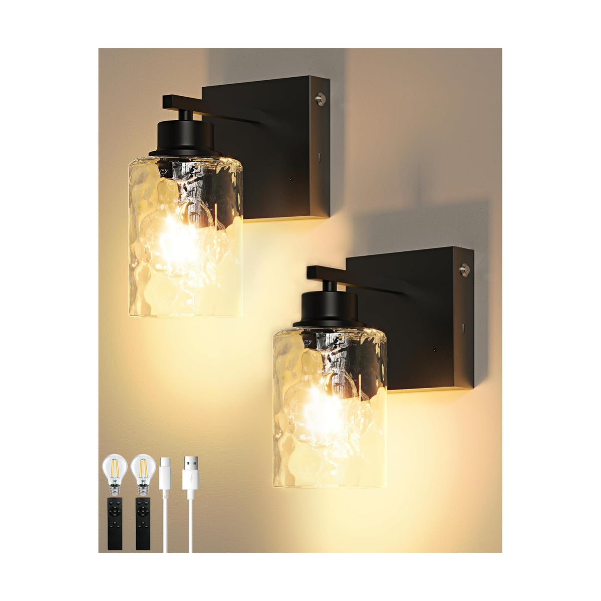 Hammered Glass Wireless Battery Operated Wall Sconces Set of Two Black | Dimmable Rechargeable Wall Lights with Remote