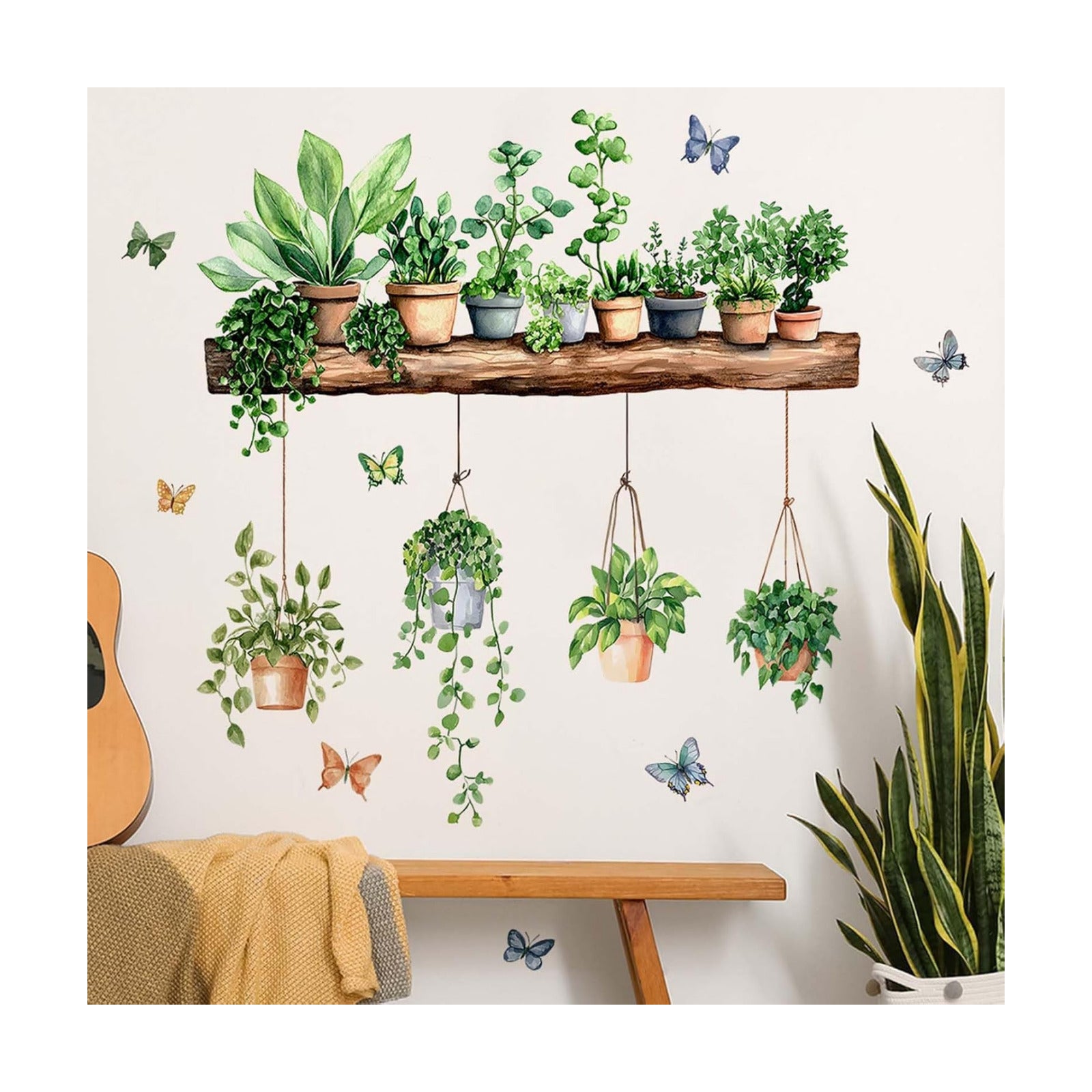 Plant Wall Decals 3D Bonsai Tropical Plant Butterfly Wall Sticker Creative Vinyl Peel / Green